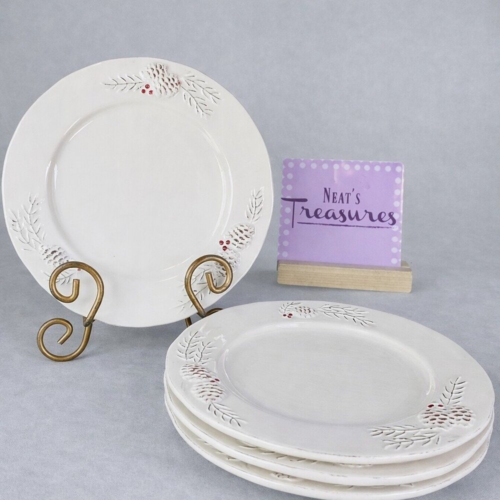 KIC Brushes PINECONE Red Berries Cream Earthenware 8" Salad Snack Plates Set 4